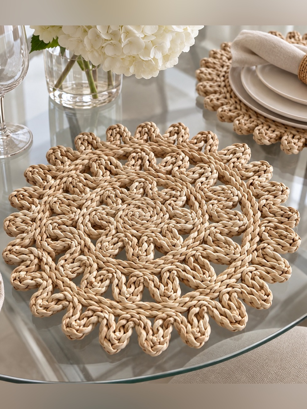 Handwoven Natural Round Placemats - Set of 6, Natural-Beige